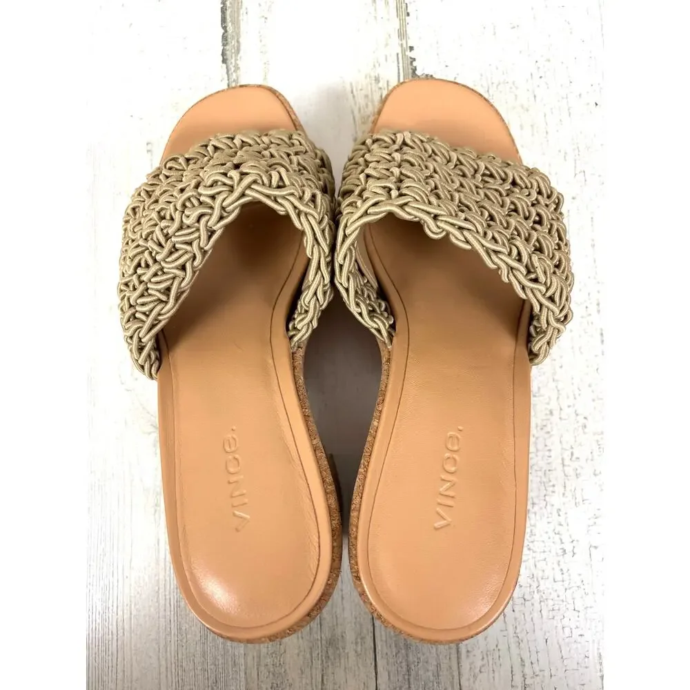 Vince Womens 7 Tan Nicki Crochet Knotted Cork Platform Slip On Heeled Sandals